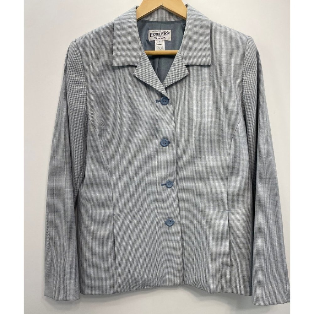 Pendleton Coat Blazer Wool Houndstooth Old Money Pockets Blue White Womens 14